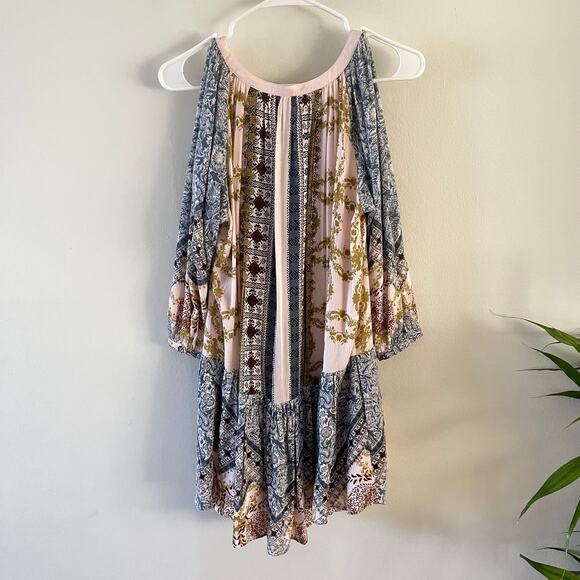 Free People Portobello Road Mini Dress Womens XS Blue Boho Chic Casual Feminine - Picture 2 of 9